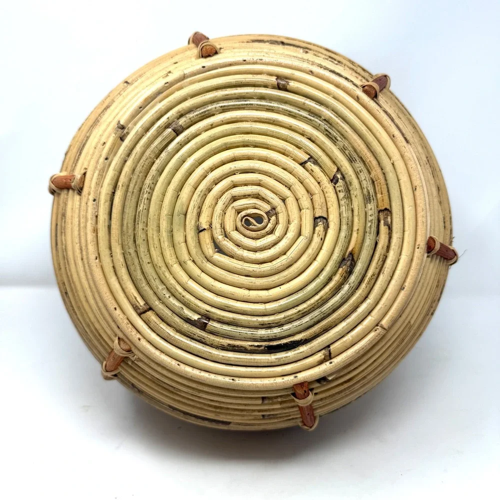 Handwoven Coiled Rattan Basket Round Bulbous Boho Storage with Handles